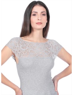 Maglia Donna a Costine 100% Cotone Manica Corta e Pizzo