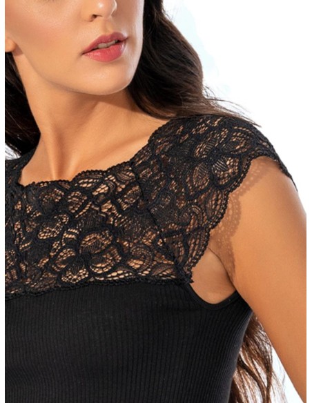 Maglia Donna a Costine 100% Cotone Manica Corta e Pizzo