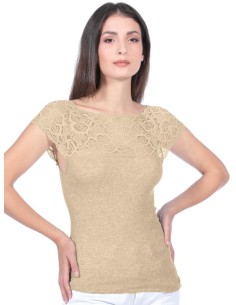 Maglia Donna a Costine 100% Cotone Manica Corta e Pizzo 2