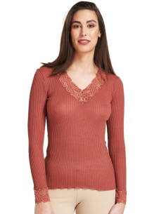 Maglia Donna Manica Lunga Costina Lana Merinos e Pizzo a V 2