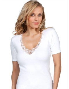 Maglia Donna Cotone Felpato Manica Corta Pizzo, Mare 594