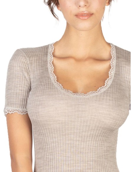 Maglia Donna Costina Lana Merinos Manica Corta in Pizzo EGI