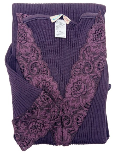 Maglia Donna Manica Lunga Costina Lana Merinos e Pizzo a V