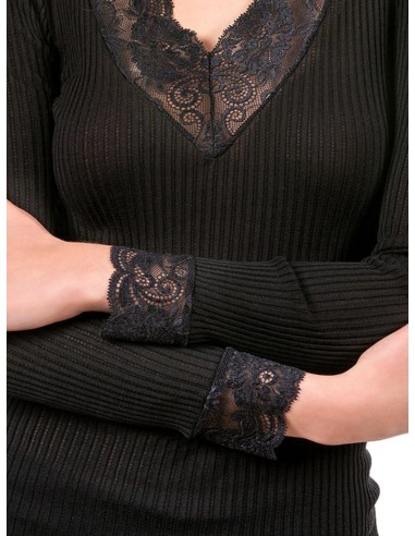 Maglia Donna Manica Lunga Costina Lana Merinos e Pizzo a V