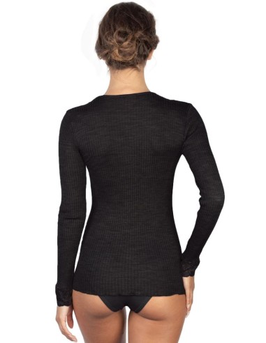 Maglia Donna Manica Lunga Costina Lana Merinos e Pizzo a V