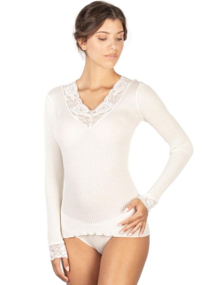 Maglia Donna Manica Lunga Costina Lana Merinos e Pizzo a V