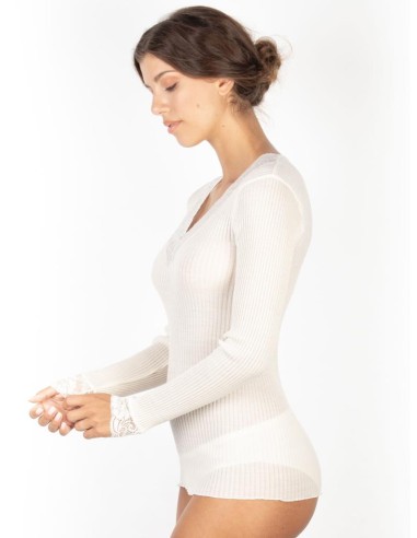 Maglia Donna Manica Lunga Costina Lana Merinos e Pizzo a V