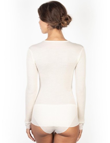 Maglia Donna Manica Lunga Costina Lana Merinos e Pizzo a V