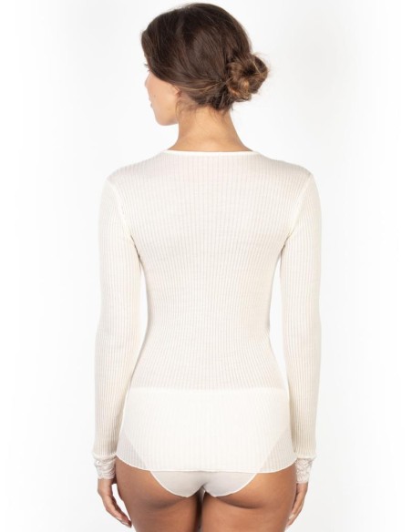 Maglia Donna Manica Lunga Costina Lana Merinos e Pizzo a V