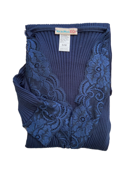 Maglia Donna Manica Lunga Costina Lana Merinos e Pizzo a V