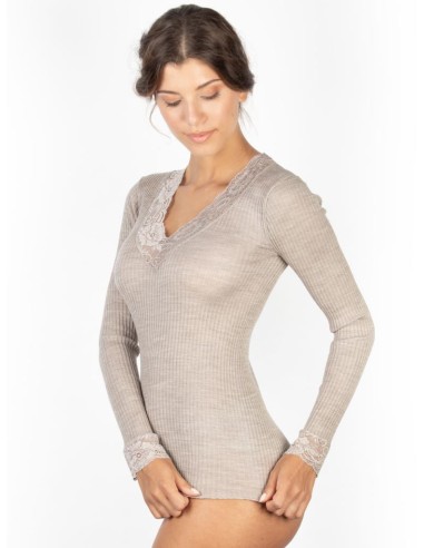 Maglia Donna Manica Lunga Costina Lana Merinos e Pizzo a V