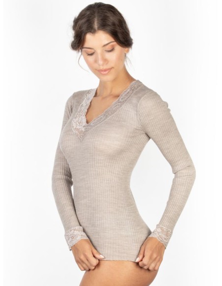 Maglia Donna Manica Lunga Costina Lana Merinos e Pizzo a V