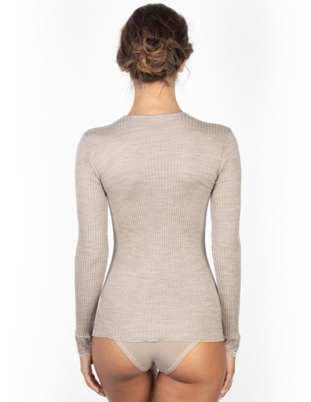 Maglia Donna Manica Lunga Costina Lana Merinos e Pizzo a V