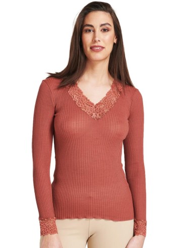 Maglia Donna Manica Lunga Costina Lana Merinos e Pizzo a V
