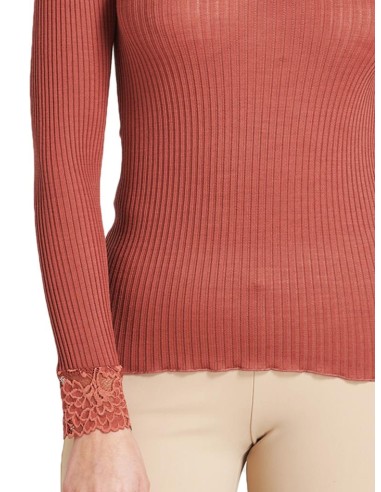 Maglia Donna Manica Lunga Costina Lana Merinos e Pizzo a V