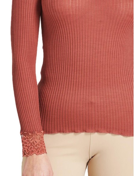 Maglia Donna Manica Lunga Costina Lana Merinos e Pizzo a V