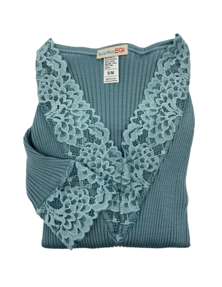 Maglia Donna Manica Lunga Costina Lana Merinos e Pizzo a V