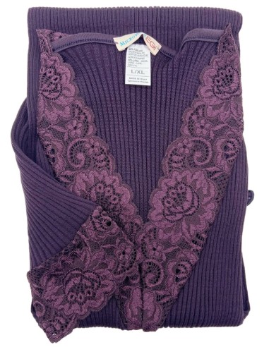 Maglia Donna Manica Lunga Costina Lana Merinos e Pizzo a V
