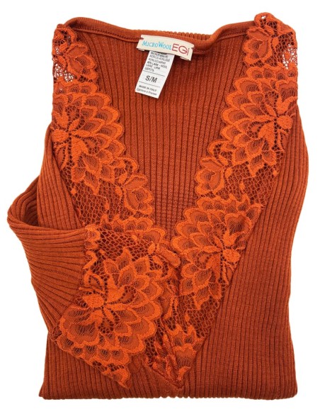 Maglia Donna Manica Lunga Costina Lana Merinos e Pizzo a V