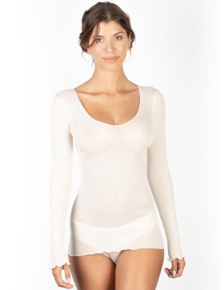 Maglia Donna a Costina in Lana e Seta Manica Lunga Plissè