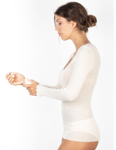 Maglia Donna a Costina in Lana e Seta Manica Lunga Plissè