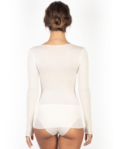 Maglia Donna a Costina in Lana e Seta Manica Lunga Plissè