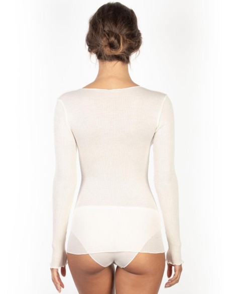 Maglia Donna a Costina in Lana e Seta Manica Lunga Plissè