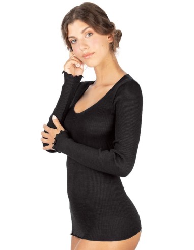 Maglia Donna a Costina in Lana e Seta Manica Lunga Plissè