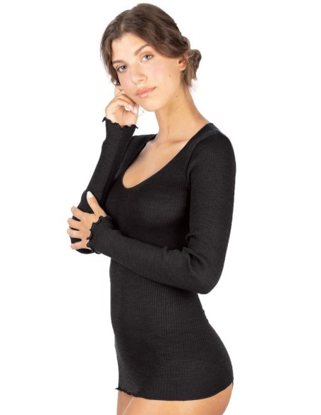 Maglia Donna a Costina in Lana e Seta Manica Lunga Plissè