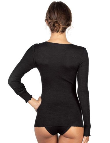 Maglia Donna a Costina in Lana e Seta Manica Lunga Plissè