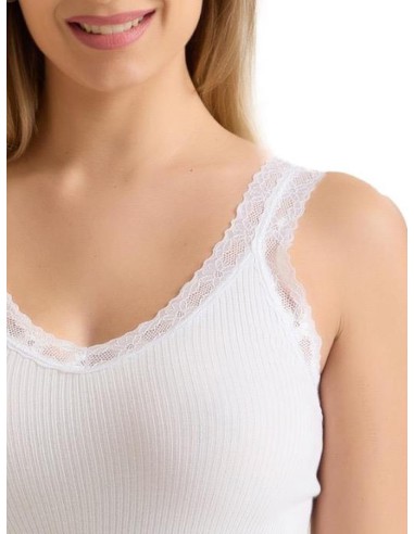 Canotta Donna Costine Cotone Scollo a V Pizzo, Marlene 53061