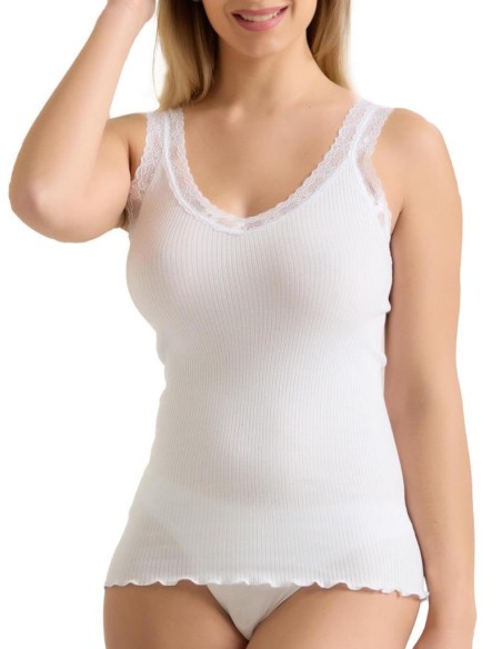 Canotta Donna Costine Cotone Scollo a V Pizzo, Marlene 53061