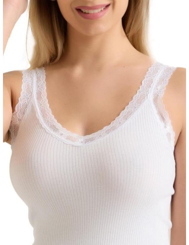 Canotta Donna Costine Cotone Scollo a V Pizzo, Marlene 53061