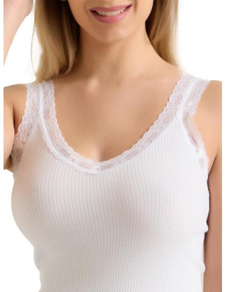 Canotta Donna Costine Cotone Scollo a V Pizzo, Marlene 53061