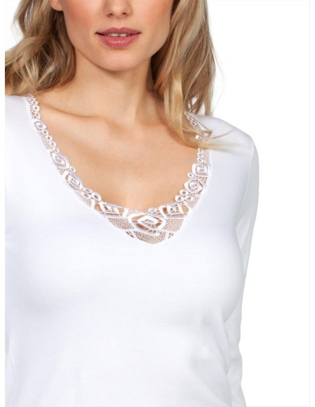 Maglia Donna Cotone Felpato Manica Lunga Pizzo, Mare 595