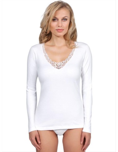 Maglia Donna Cotone Felpato Manica Lunga Pizzo, Mare 595