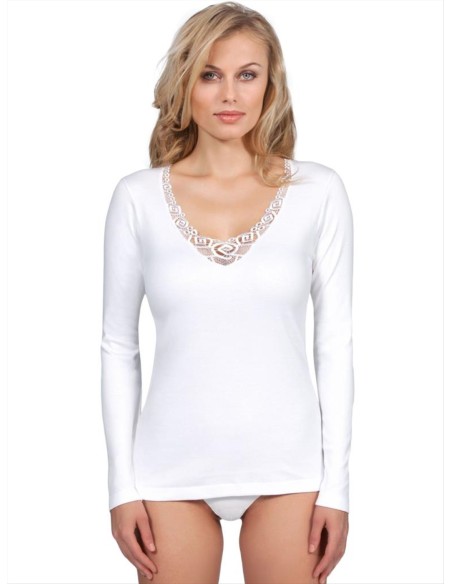 Maglia Donna Cotone Felpato Manica Lunga Pizzo, Mare 595