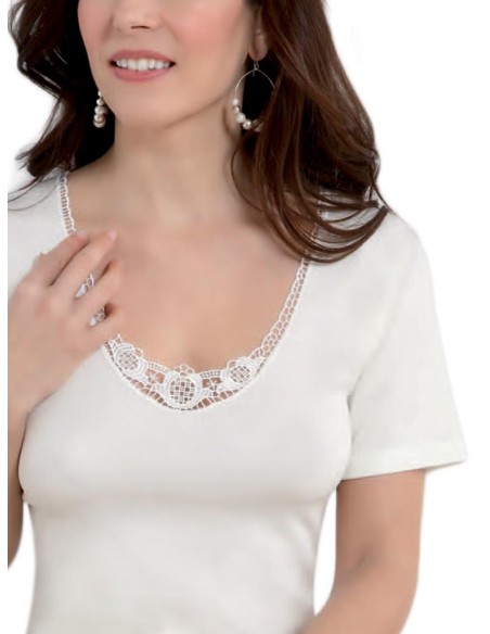 Maglia Intima Donna Manica Corta Lana e Cotone con Pizzo