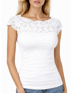 Maglia Donna a Costine 100% Cotone Manica Corta e Pizzo