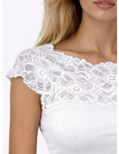 Maglia Donna a Costine 100% Cotone Manica Corta e Pizzo 2