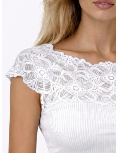 Maglia Donna a Costine 100% Cotone Manica Corta e Pizzo