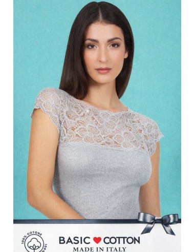 Maglia Donna a Costine 100% Cotone Manica Corta e Pizzo