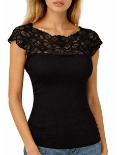 Maglia Donna a Costine 100% Cotone Manica Corta e Pizzo 2
