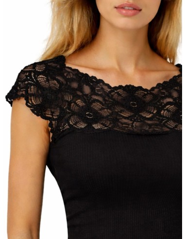Maglia Donna a Costine 100% Cotone Manica Corta e Pizzo