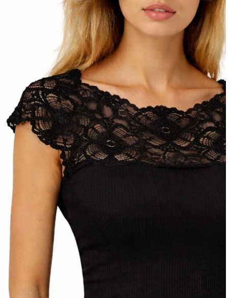 Maglia Donna a Costine 100% Cotone Manica Corta e Pizzo