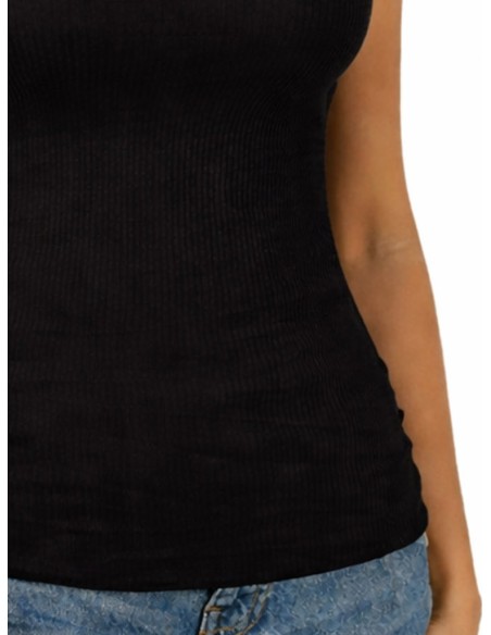 Maglia Donna a Costine 100% Cotone Manica Corta e Pizzo