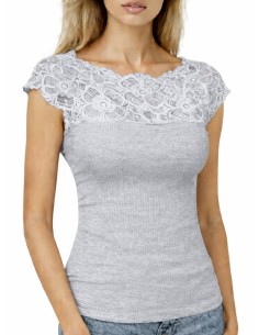 Maglia Donna a Costine 100% Cotone Manica Corta e Pizzo 2