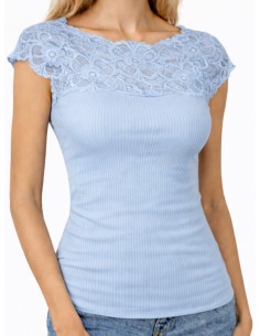 Maglia Donna a Costine 100% Cotone Manica Corta e Pizzo 2