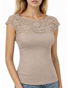 Maglia Donna a Costine 100% Cotone Manica Corta e Pizzo 2