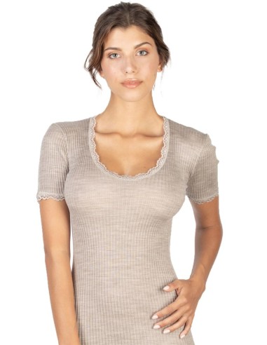 Maglia Donna Costina Lana Merinos Manica Corta in Pizzo EGI
